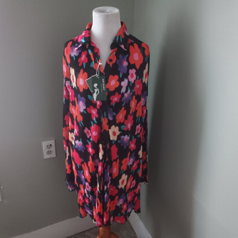 Bright Floral Mini Shirt Dress Tunic L Large - Picture 2 of 5